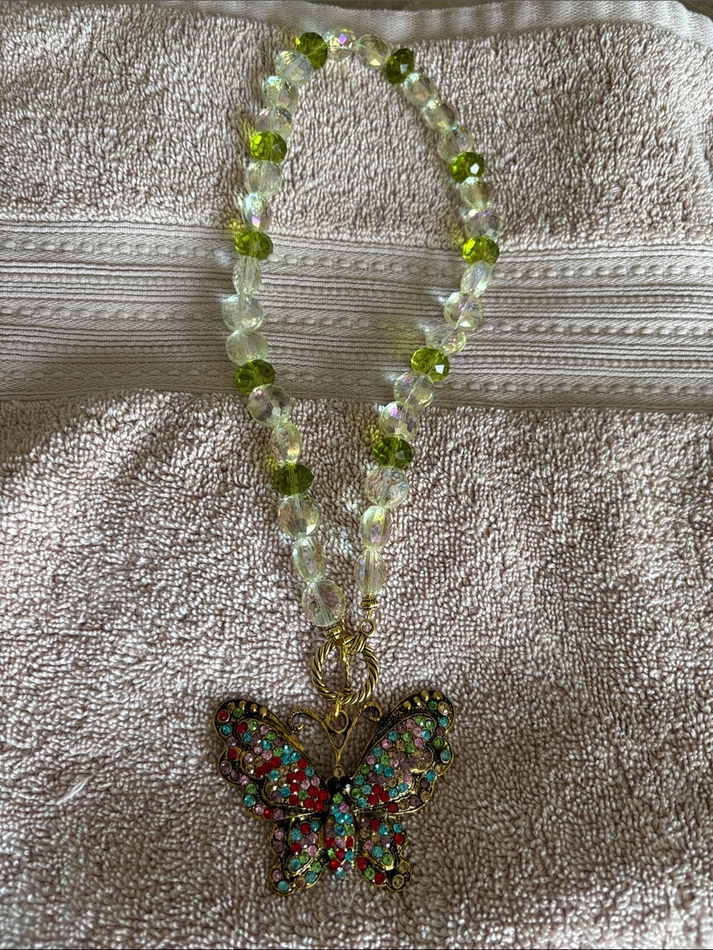 Crystal Beaded Butterfly Pendant Necklace in Clear and Lime Green